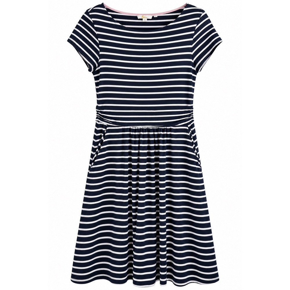 Boden Navy White Stripe A-Line Dress Cap Sleeve Pockets Teacher Preppy 12 Petite